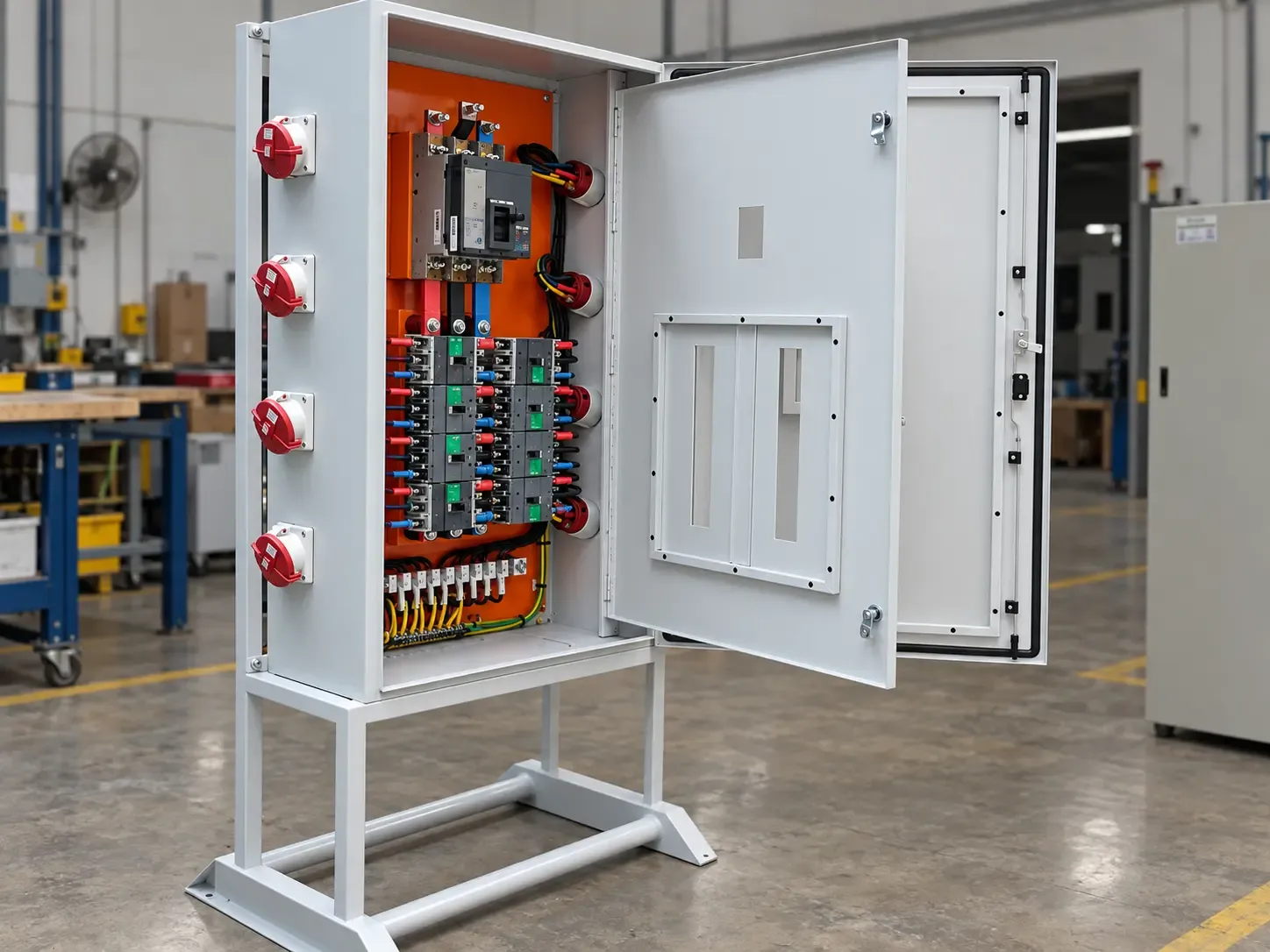 Cuadro eléctrico industrial abierto sobre bancada metálica