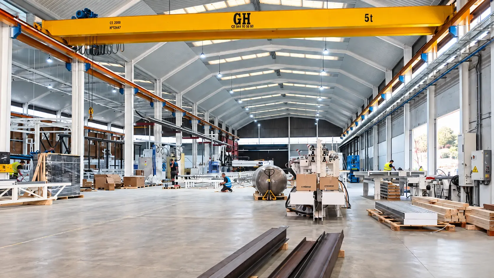 Nave industrial con puente grúa y maquinaria en montaje